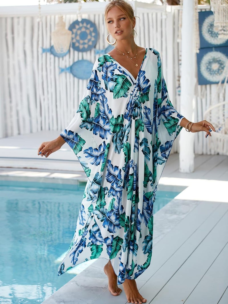 IMAGEKOPE Women's Plus Size Animal Print V-Neck Batwing Kaftan Beach Dress Bathing Suit Cover-Up Loungewear - Image 2